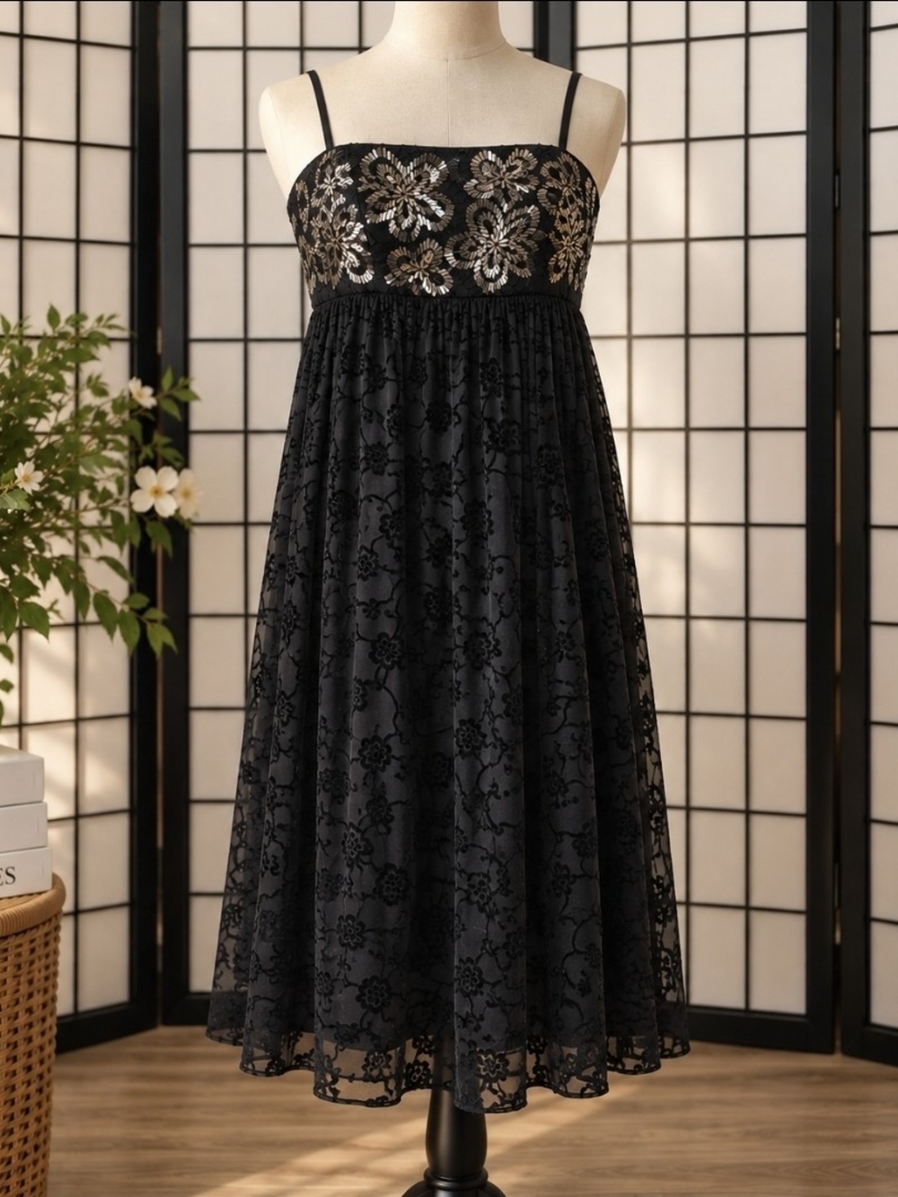 Anne Klein Black Lace Midi Dress with Gold Floral Bodice